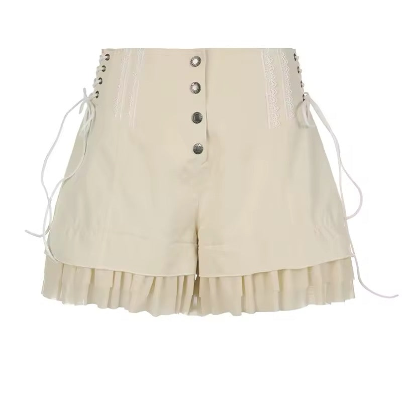 Khaki coquette aesthetic shorts with lace-up side details
