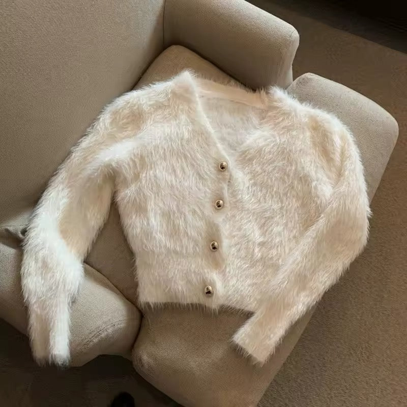 Black mohair V-neck cardigan with button front