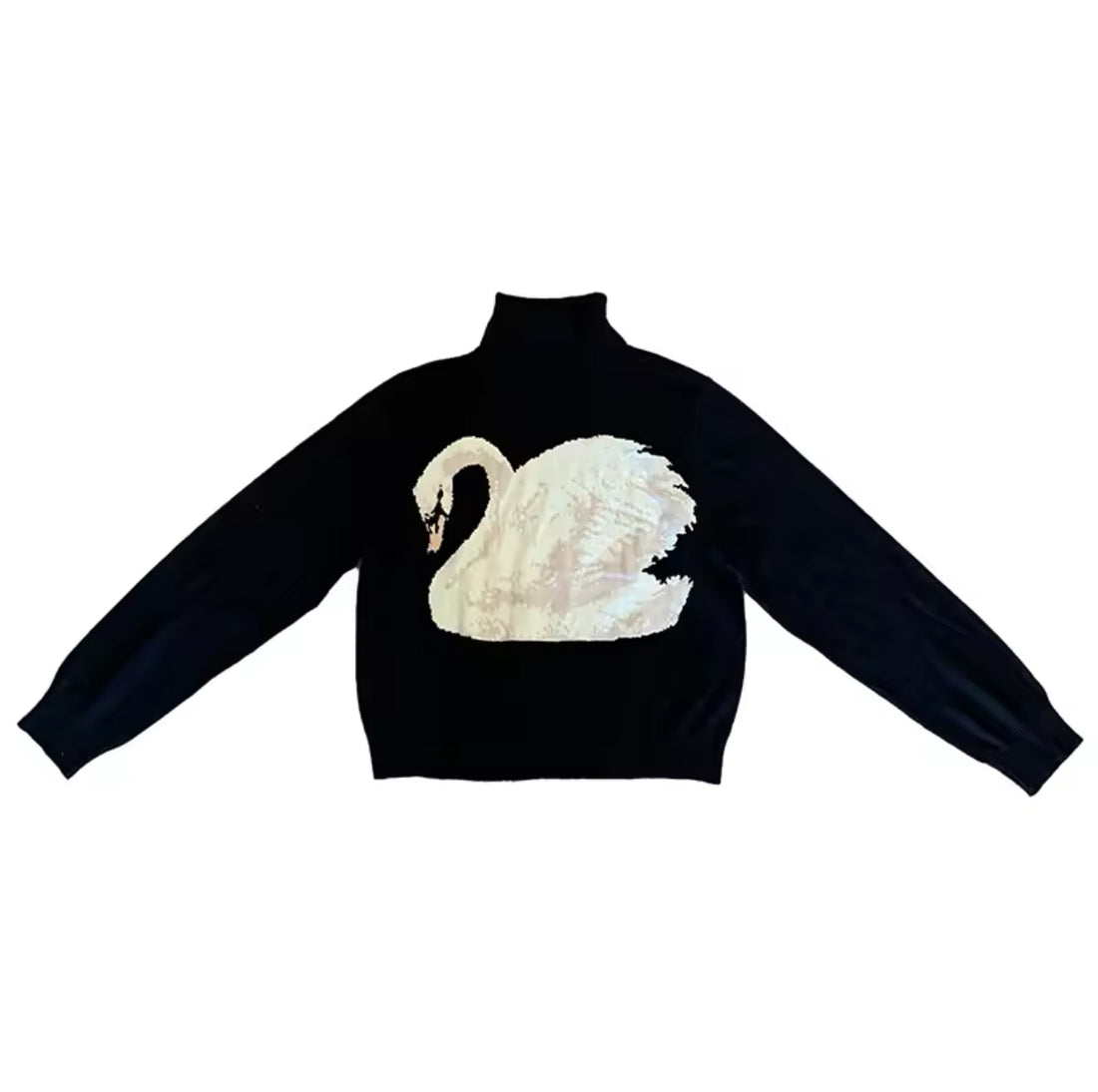Kawaii knitted swan sweater styled with plaid skirt