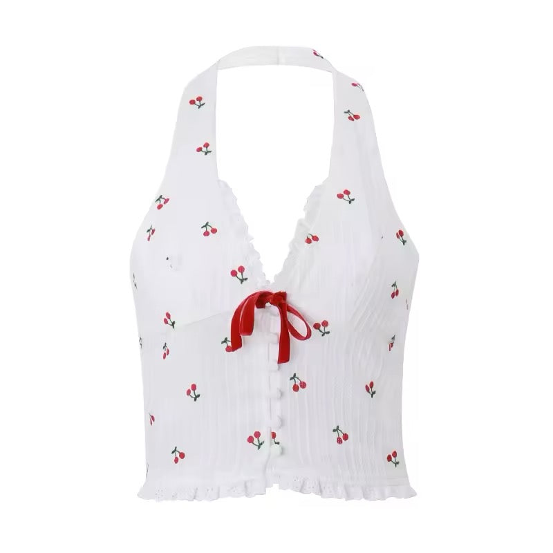 Korean-inspired sleeveless crop camis with a cherry print