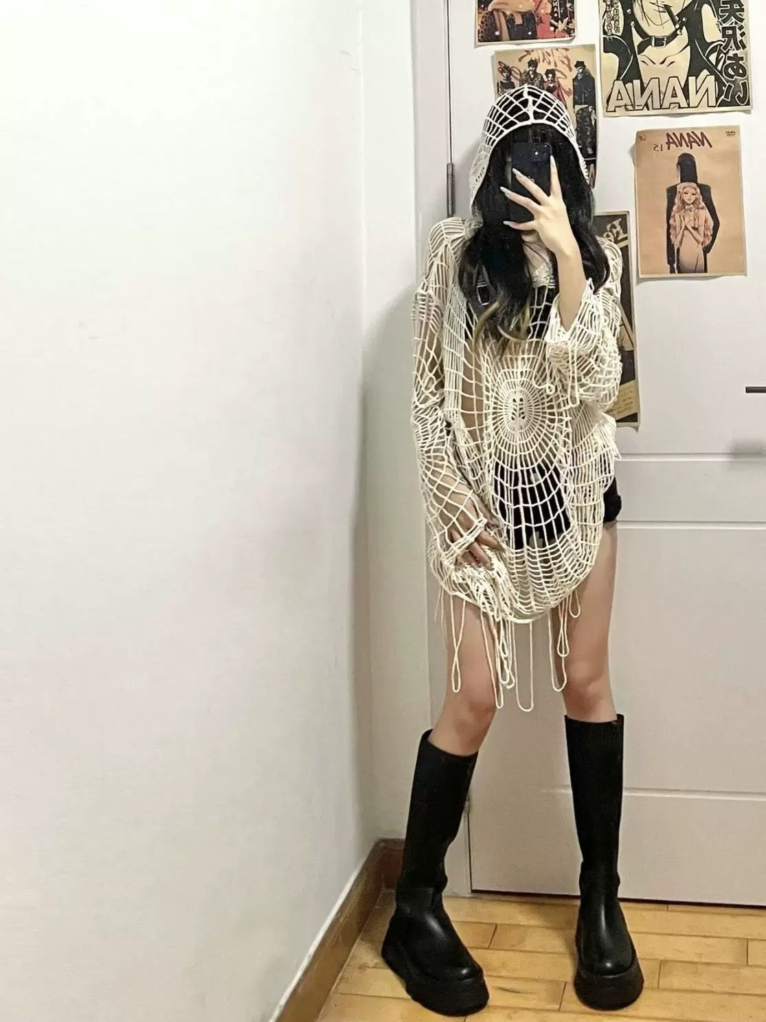 Oversized grunge sweater with hollow spider design and hood, soft mesh knit for streetwear layering looks