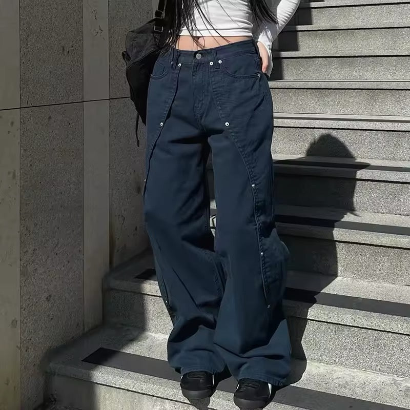 Baggy leg shot showing relaxed fit from thigh to hem.

