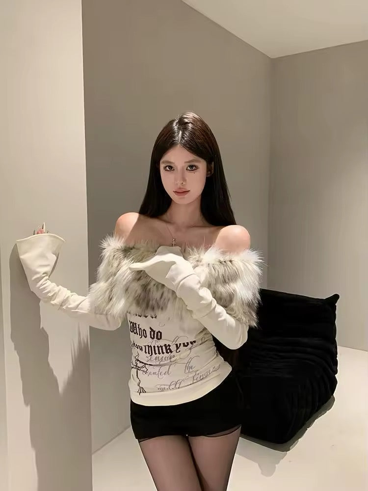 Y2K Off Shoulder Fur Top – Grunge Aesthetic Long Sleeve Crop Top