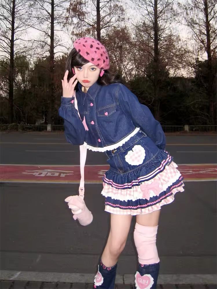 Mini denim skirt for lolita fashion with heart lace details