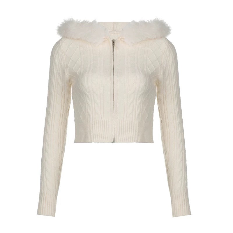 Furry hood white cropped sweater