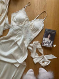 Korean soft girl fashion white silk gown and robe