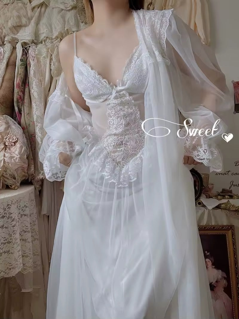 Delicate mesh and lace pajama set for women in soft aesthetic style