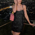 Open-back glitter dress with cowl neckline and metallic look