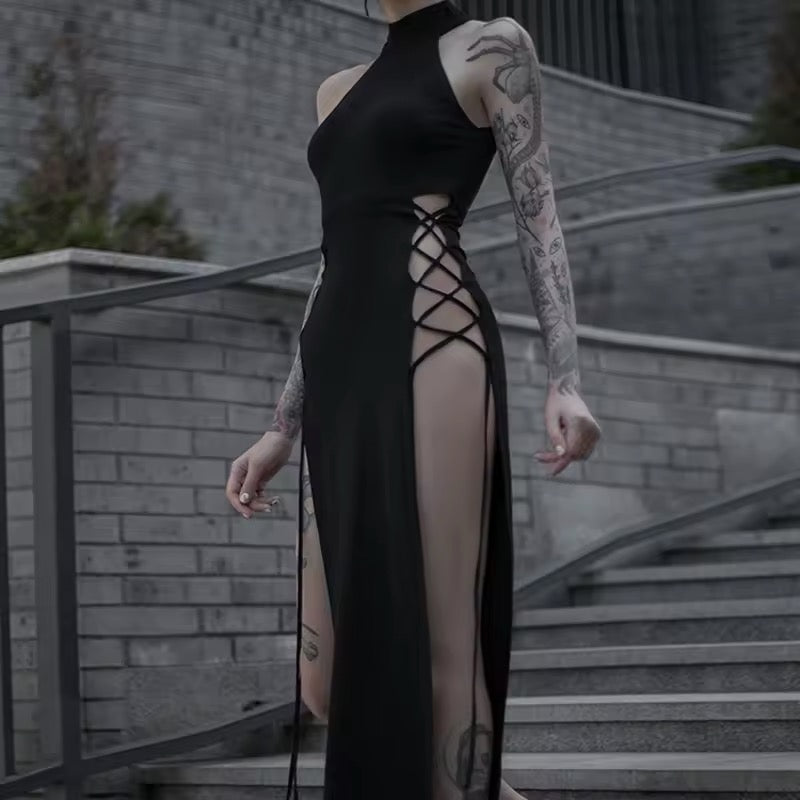 Gothic Halter Midi Dress – High Slit Criss-Cross Bodycon – AGCW