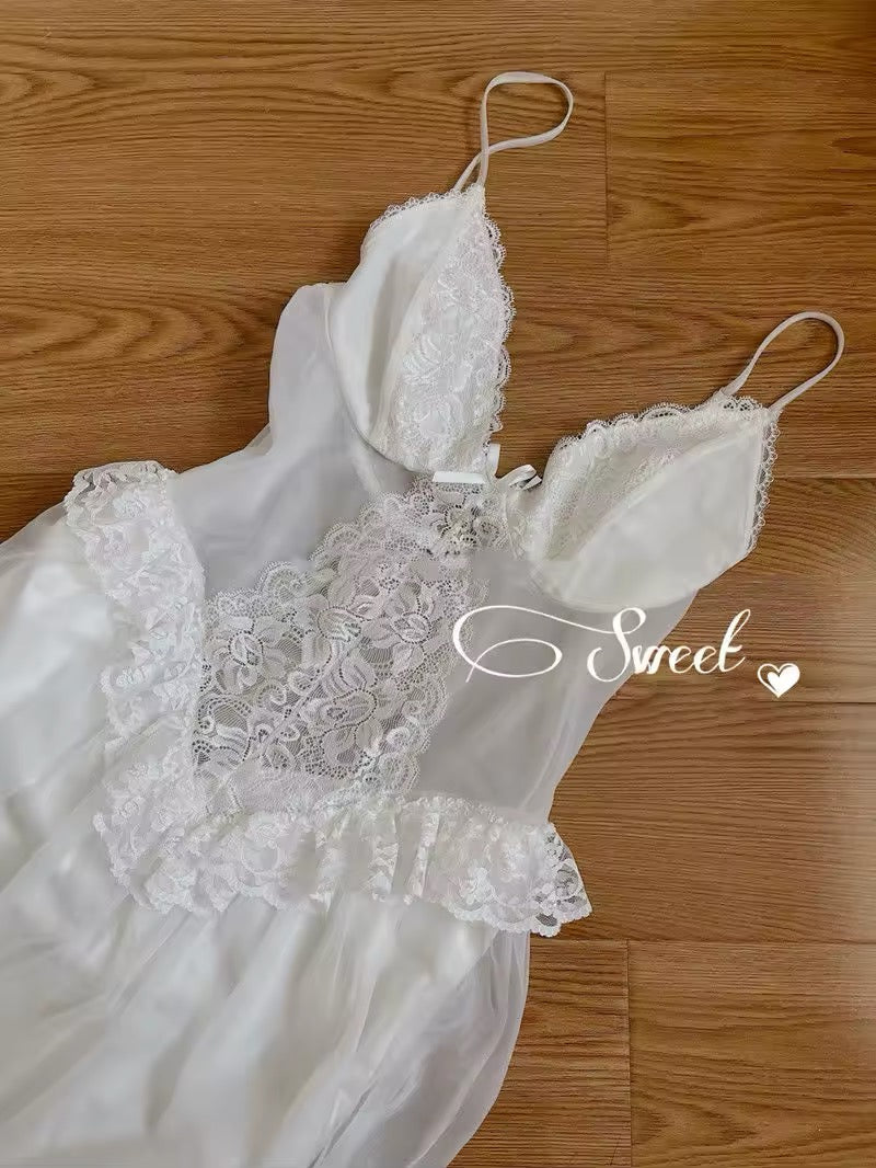 Vintage-style mesh nightgown with corset waist and sheer puff sleeves