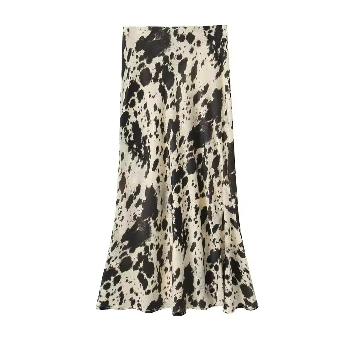 Front view of the leopard print satin midi skirt showcasing its high-waist design and flowing silhouette.