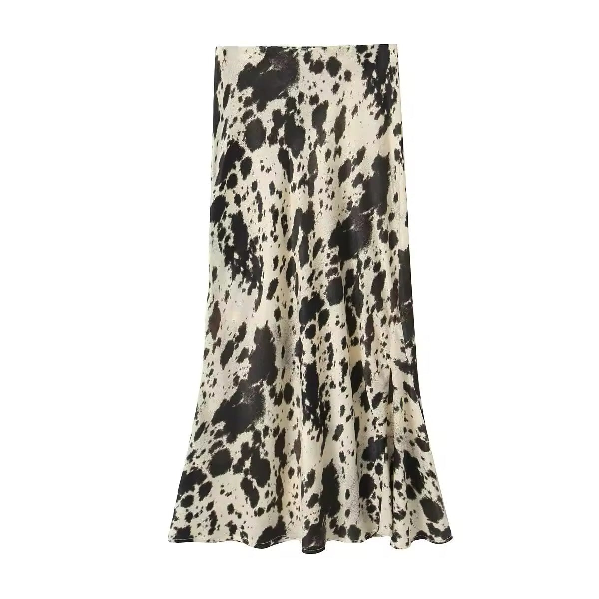 Front view of the leopard print satin midi skirt showcasing its high-waist design and flowing silhouette.
