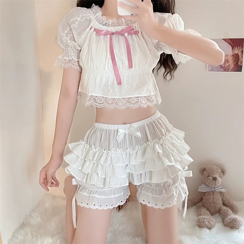 Cute white lolita ruffle bloomers with lace and bows for women