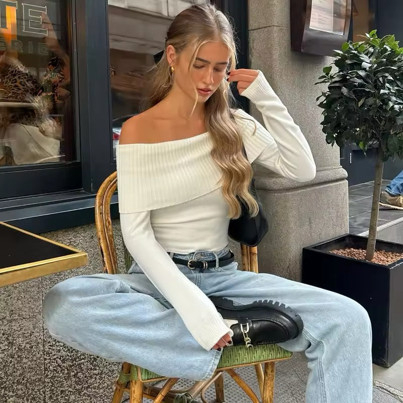 White off shoulder ribbed knit top for autumn fashion