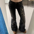Retro flare jeans with plant print embroidery for women