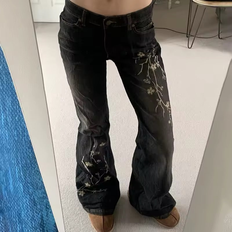 Retro flare jeans with plant print embroidery for women