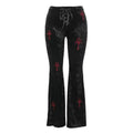 Punk-inspired gothic velvet pants, high-waisted flared trousers with cross embroidery, edgy Mall Goth aesthetic streetwear for alternative fashionistas