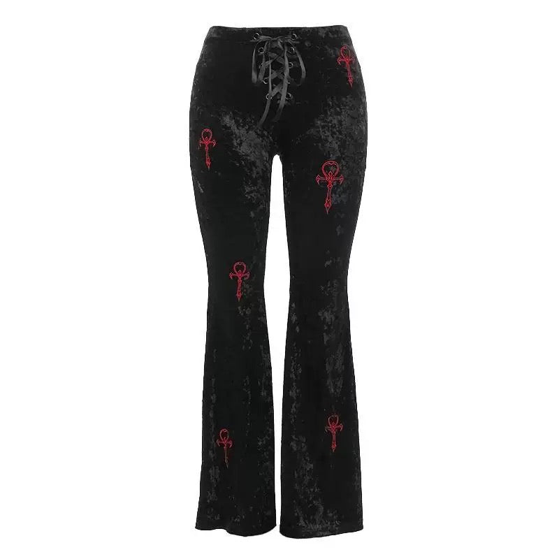 Punk-inspired gothic velvet pants, high-waisted flared trousers with cross embroidery, edgy Mall Goth aesthetic streetwear for alternative fashionistas