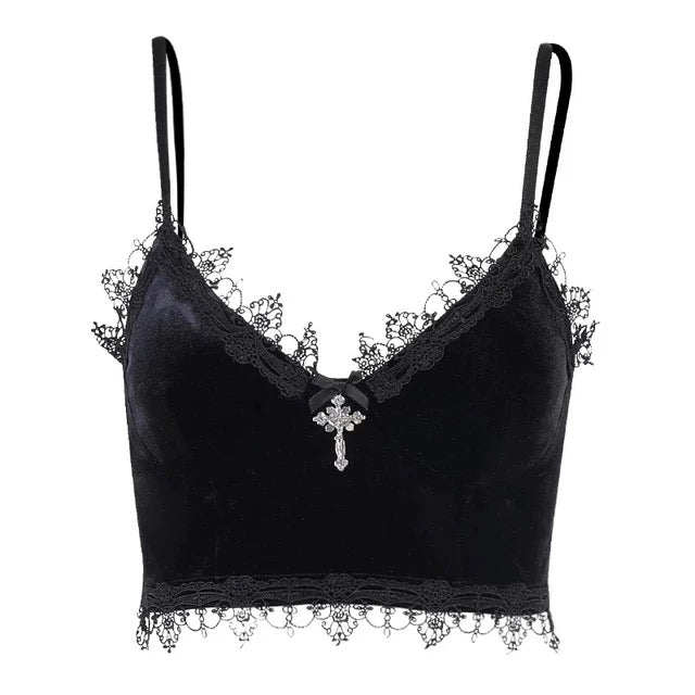 Y2K alt fashion top in black velvet with backless design