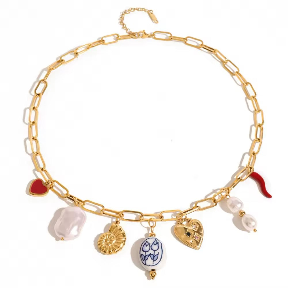Mermaidcore gold charm necklace with seashell pendant