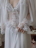 Korean aesthetic lace dress with puff sleeves and sweetheart neckline