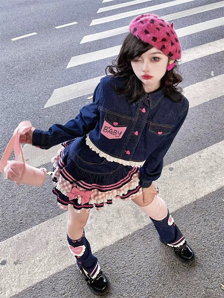 Vintage aesthetic pink ruffle mini skirt with denim charm