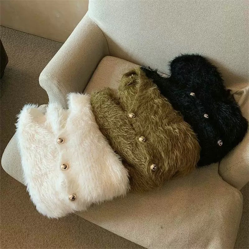 Fuzzy long sleeve cardigan with vintage look