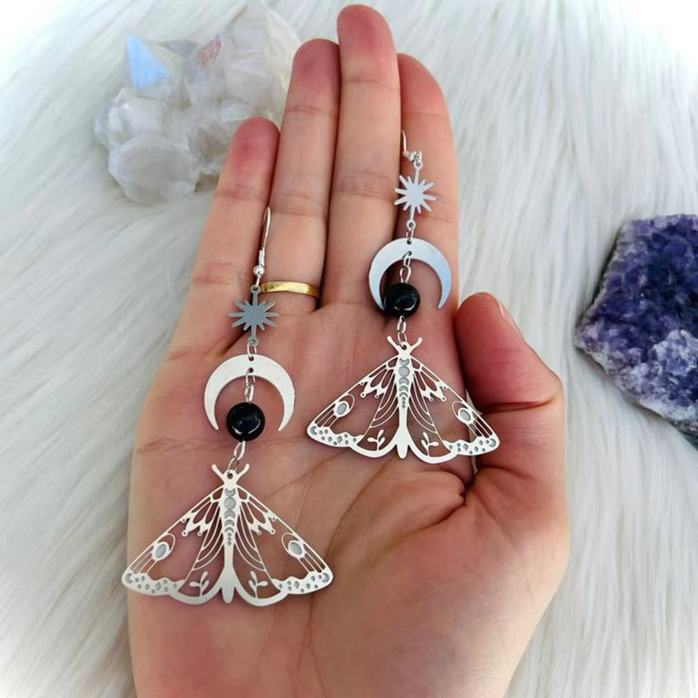 Elegant witchy moth earrings with moon and star in silver copper