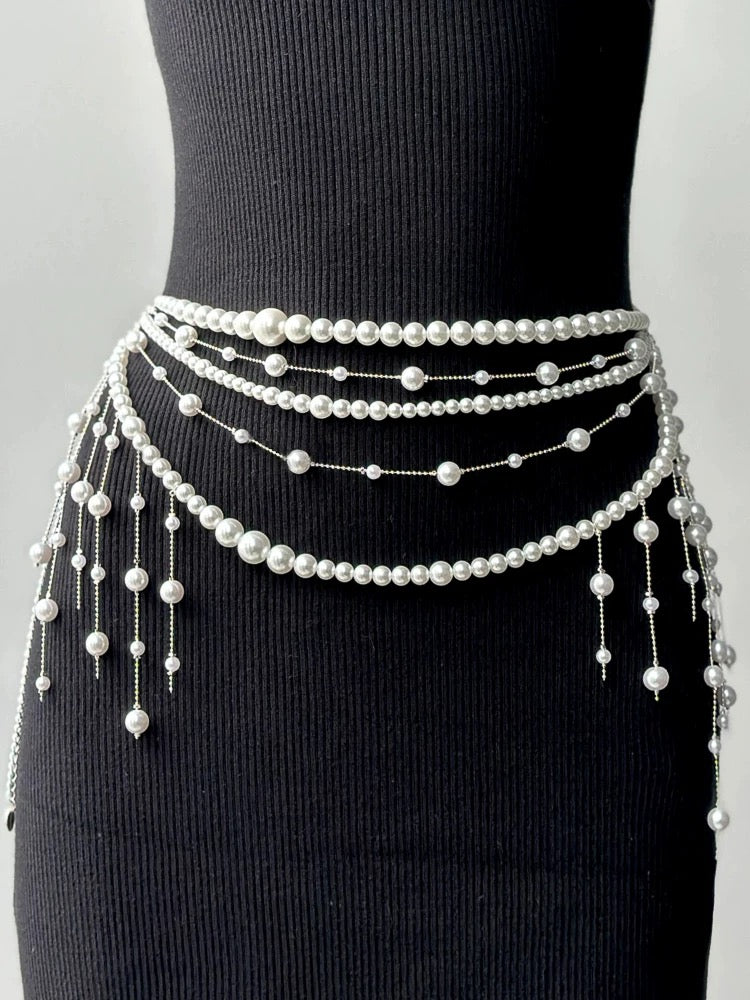 Elegant coquette pearl chain belt with butterfly charms