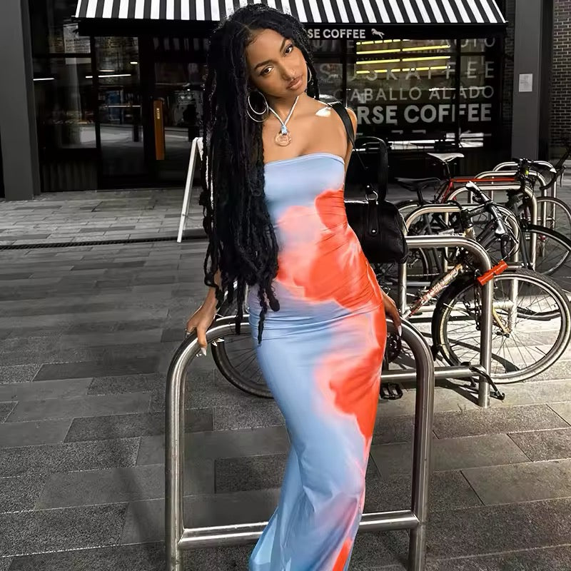 Sexy off shoulder Y2K maxi dress with bold print and slit