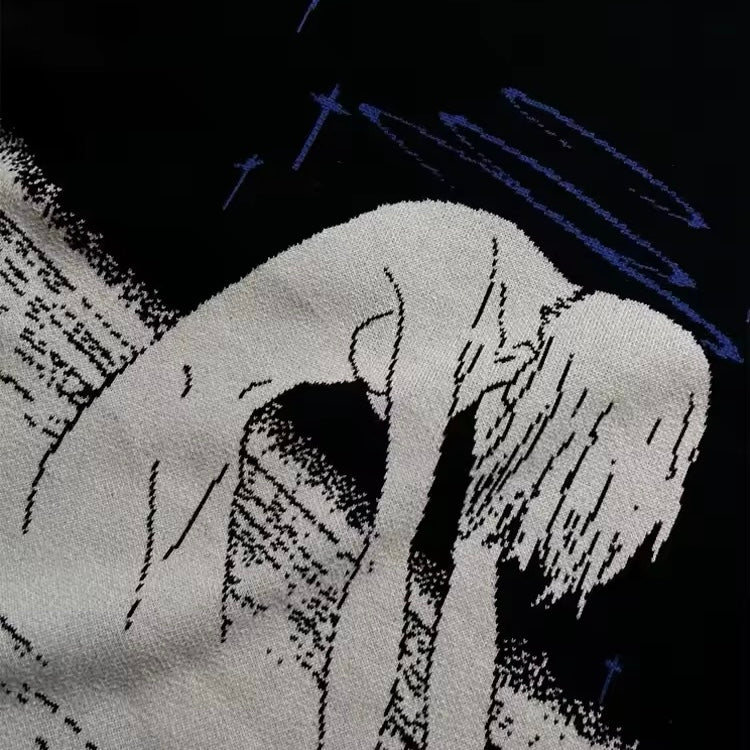 Cozy aesthetic grunge knitwear for winter with anime art