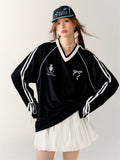 Korean Pinterest-inspired styling with black sporty top and white skirt.