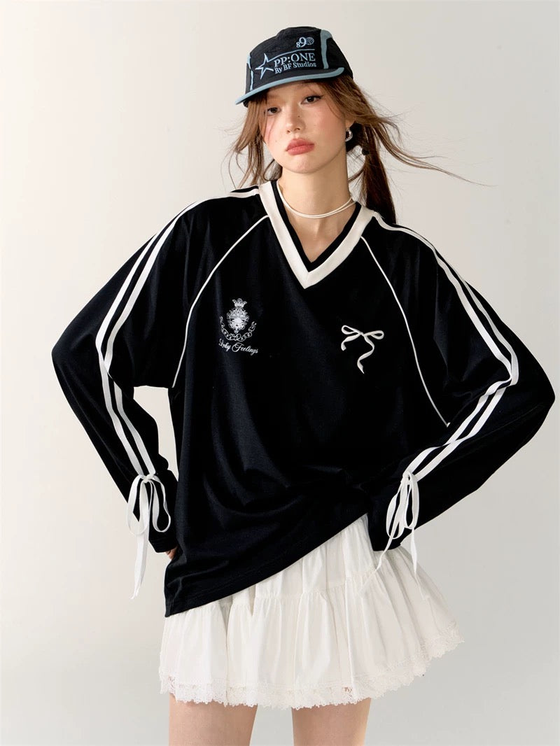 Korean Pinterest-inspired styling with black sporty top and white skirt.