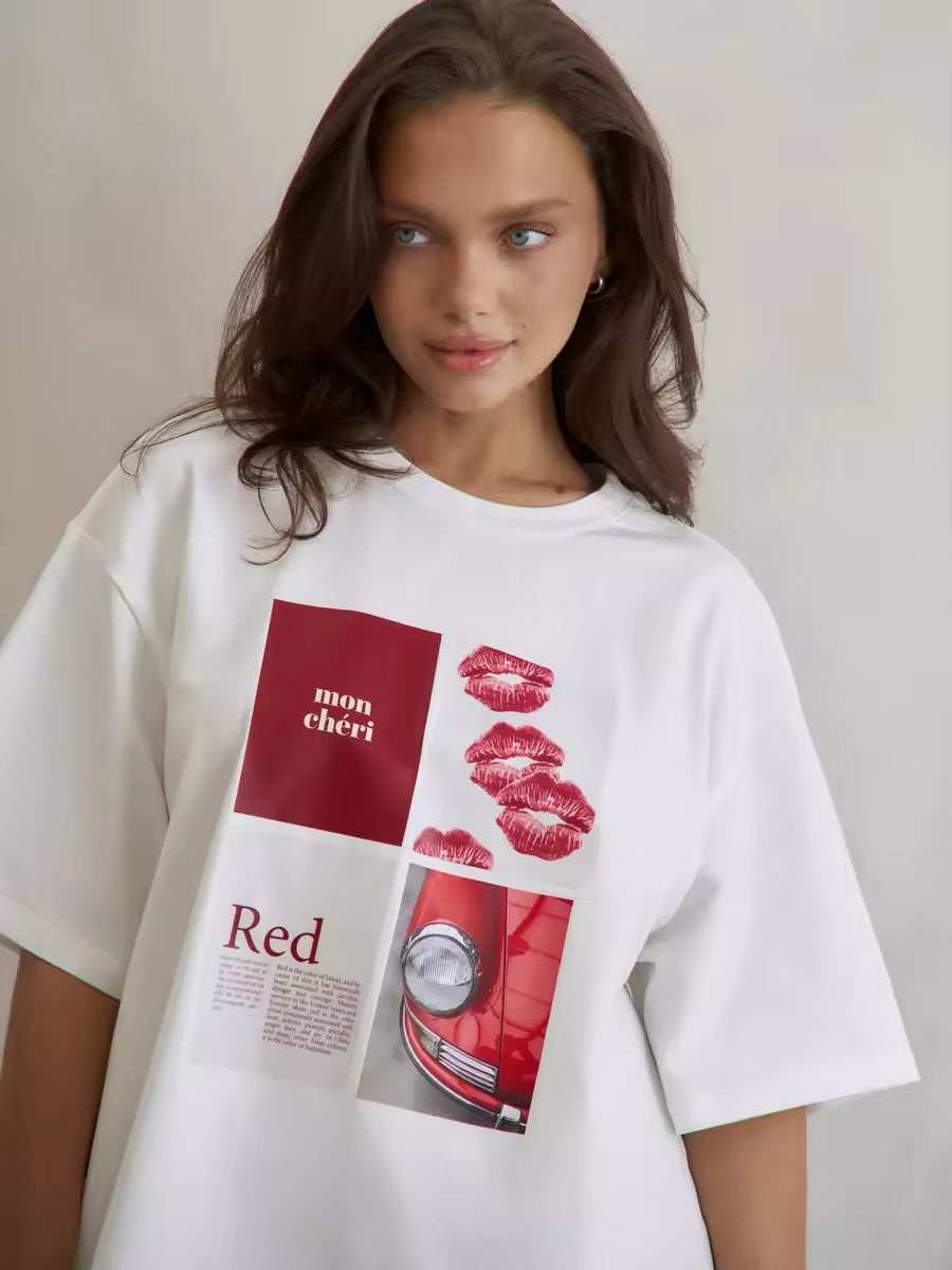 Oversized red kiss mon chéri t-shirt for women in Y2K aesthetic style