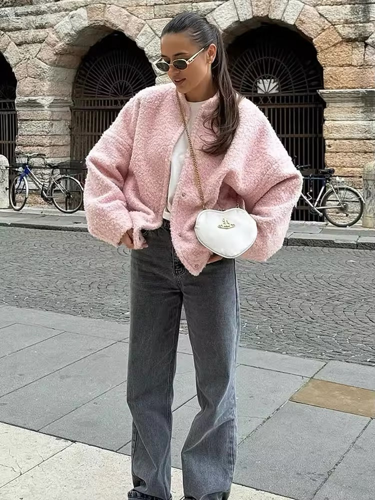 Soft pastel jacket for women with cozy fleece texture, stylish collar, and casual chic vibe