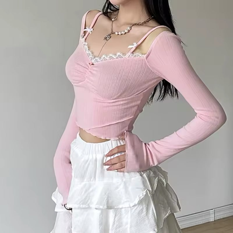 Elegant off-shoulder lace detailed knitted tee