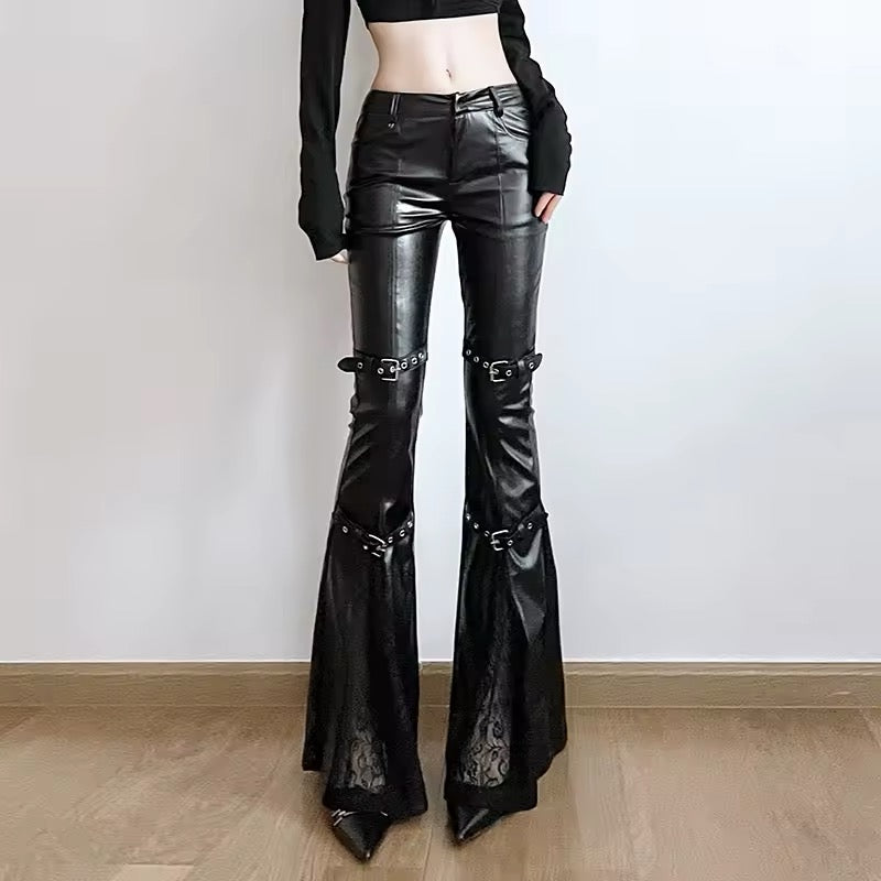 Black PU leather gothic trousers, sexy flared pants with lace patchwork, Y2K streetwear vibes, perfect for punk, goth, and alternative fashionistas