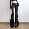 Alternative gothic PU leather cargo pants, low-waisted and high-flared trousers with edgy punk details, perfect for gothic and Y2K-inspired outfits