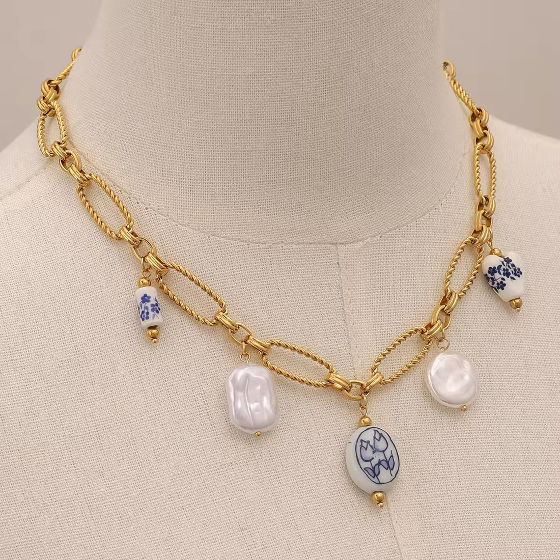 Vintage pearl ceramic necklace with gold-plated chain