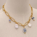 Trendy stainless steel pearl and porcelain pendant necklace