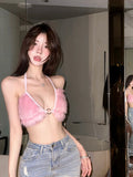 Pink fur crop top for women, Y2K aesthetic fleece halter vest, backless sleeveless bralette, sexy soft girl fashion top with 2000s nostalgia