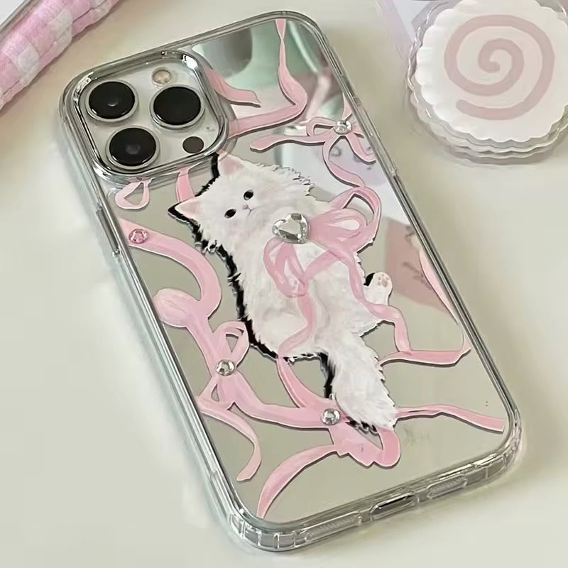 Kawaii Bow Kitten iPhone Case with Pink Cat and Mirror Design