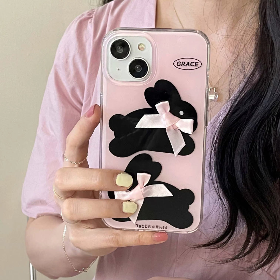 Coquette pink phone case with adorable rabbit and premium material