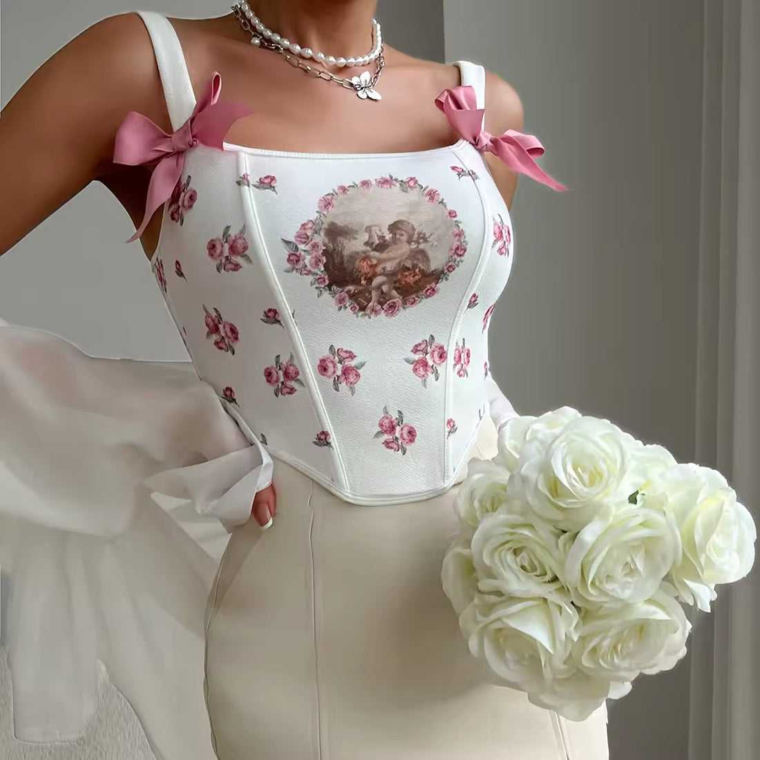 Backless floral corset top for coquette, fairycore, and vintage aesthetics