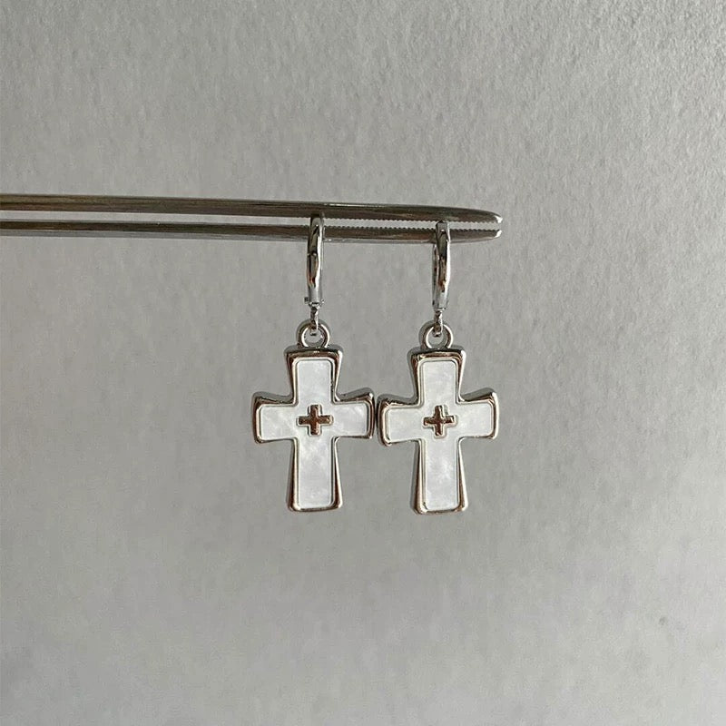Gothic-style drop earrings with pink crystal cross pendants, ideal for 2000s-inspired outfits and scene-core aesthetic lovers