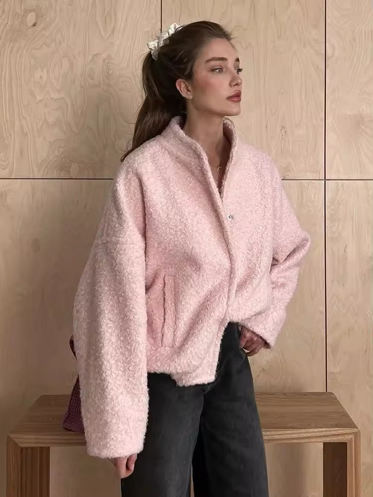 Trendy pink outerwear jacket with warm texture and relaxed fit, Korean aesthetic coat