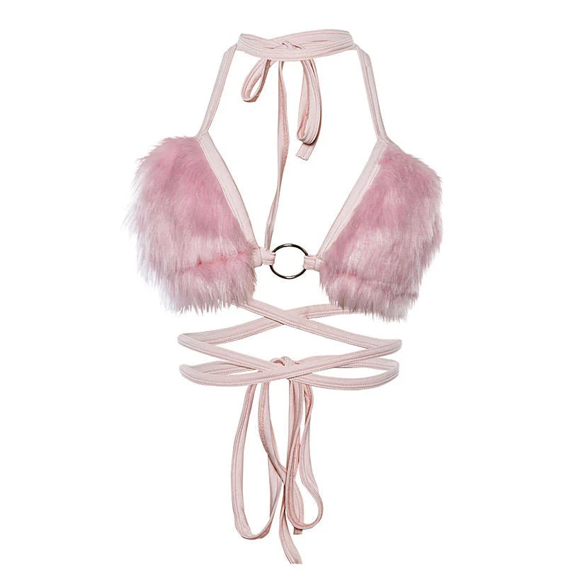 Y2K pink fur crop top, aesthetic fleece halter bralette, sexy backless vest with choker, 90s and 2000s fashion-inspired kawaii soft girl streetwear