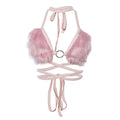 Y2K pink fur crop top, aesthetic fleece halter bralette, sexy backless vest with choker, 90s and 2000s fashion-inspired kawaii soft girl streetwear