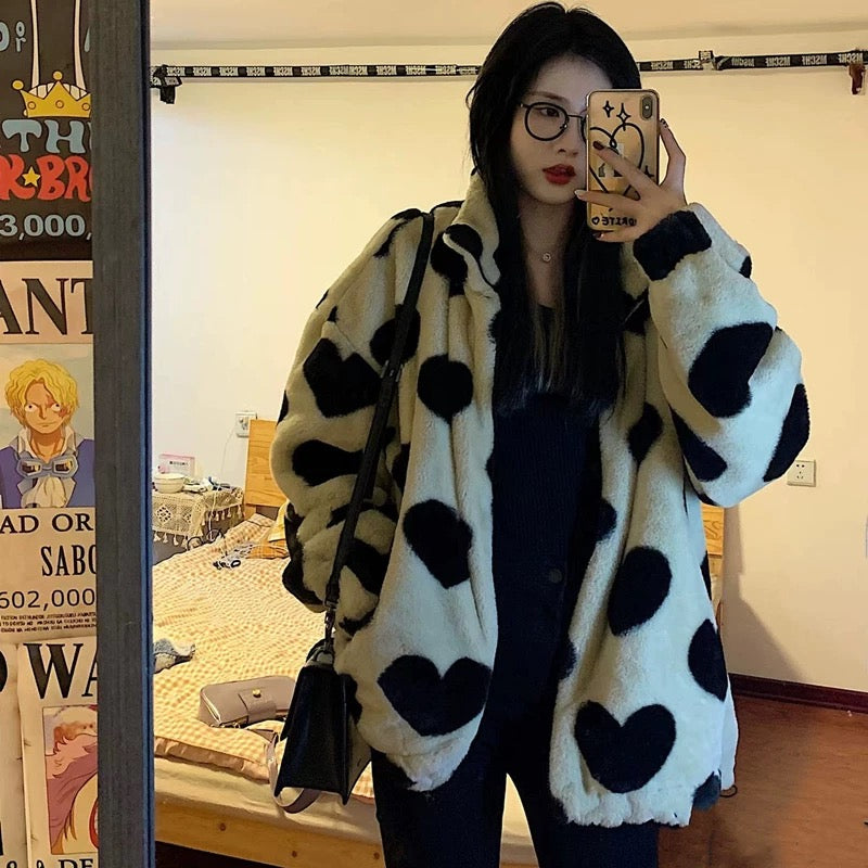 Oversized heart plush hoodie with zipper front