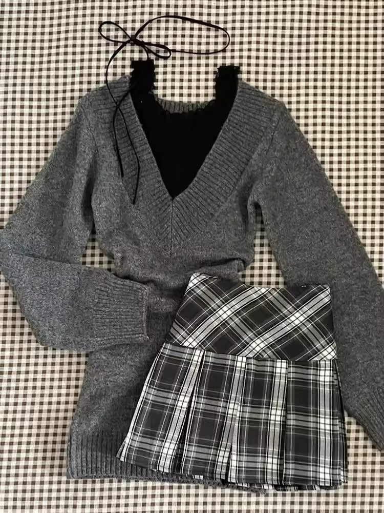 2000s aesthetic French outfit set with lace trim